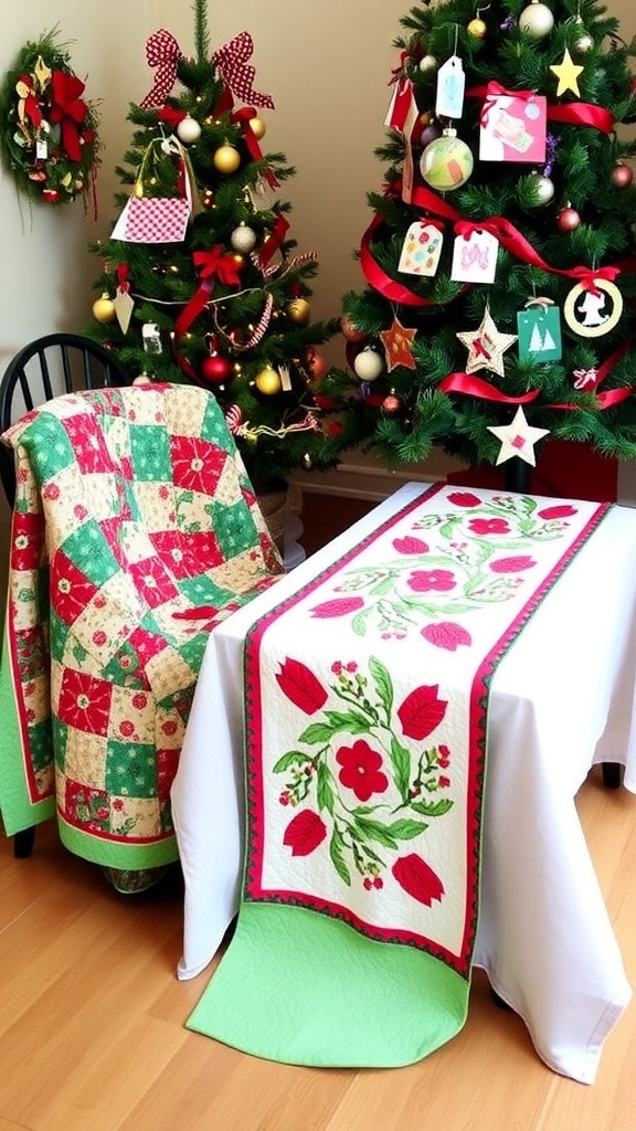 A collection of quilted Christmas crafts including a quilt, table runner, and ornaments in a festive setting.